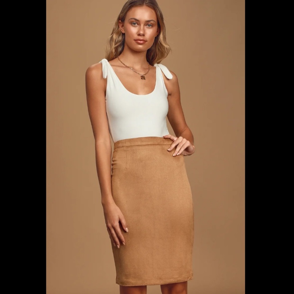 Lulu’s Tan Suede Superpower Pencil Skirt